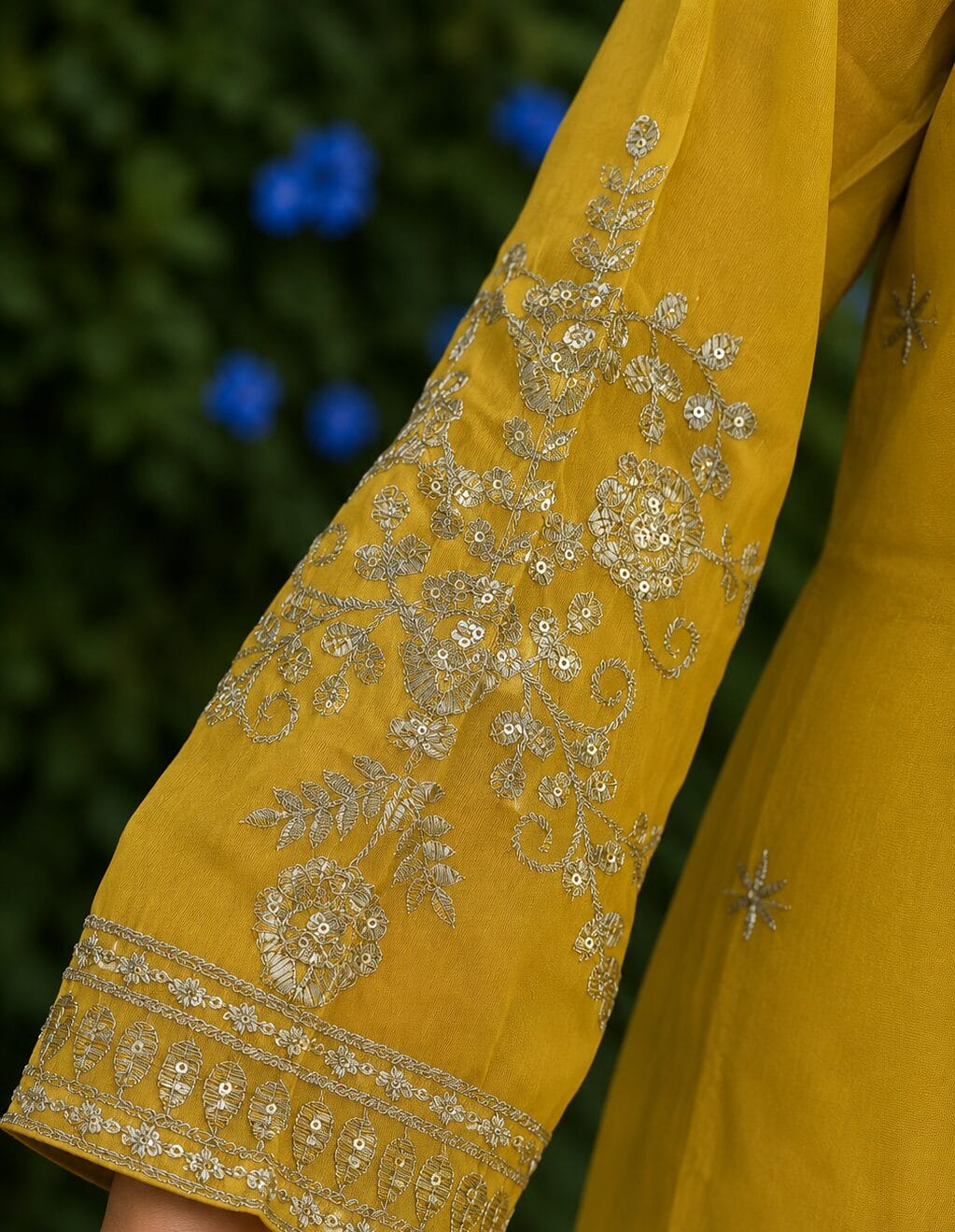 Yellow Silk Blend Embroidered Kurta and Palazzo with Dupatta - Image 3