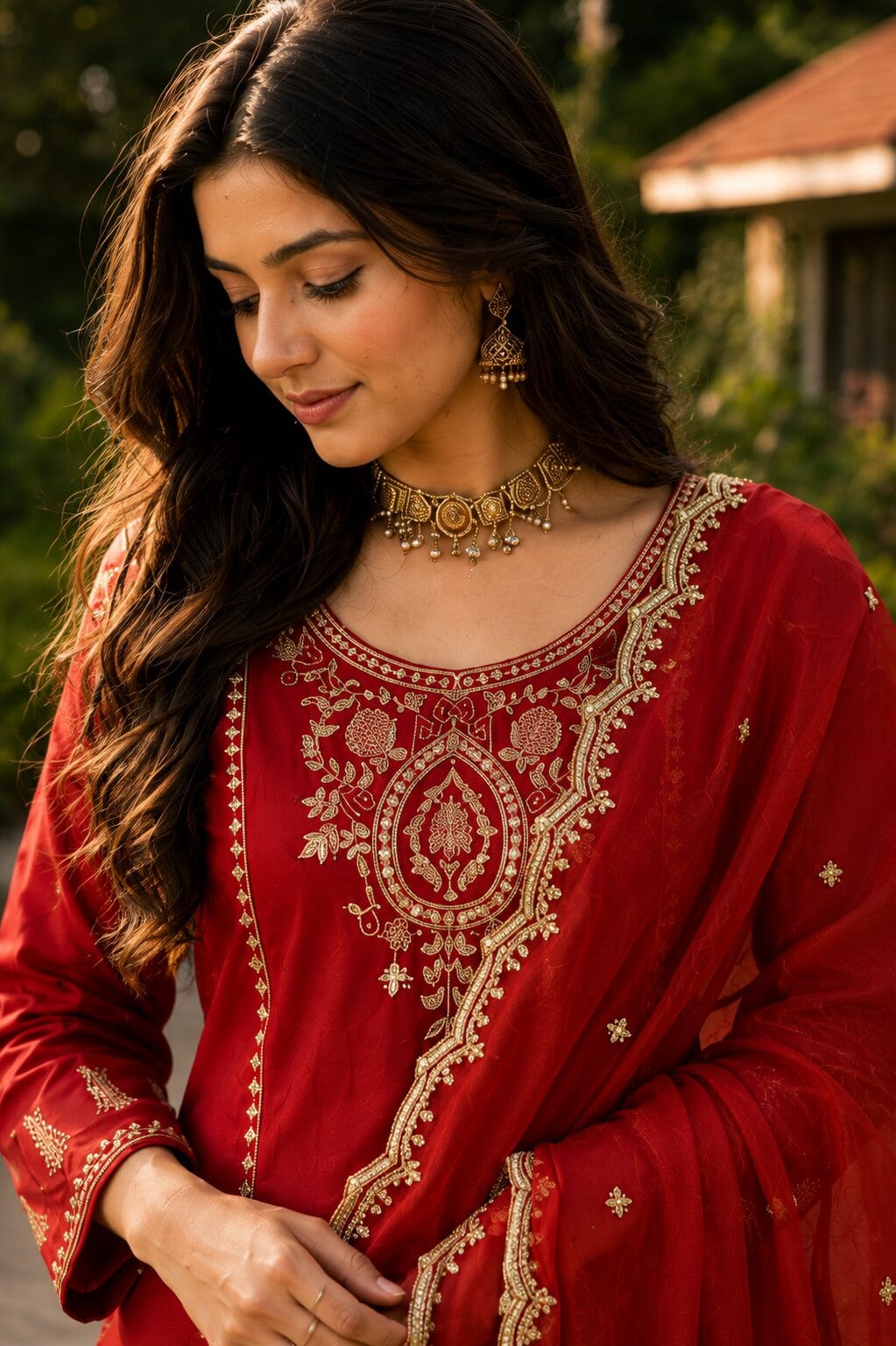 Rust Red Silk Blend Embroidered Kurta and Pant with Dupatta - Image 2
