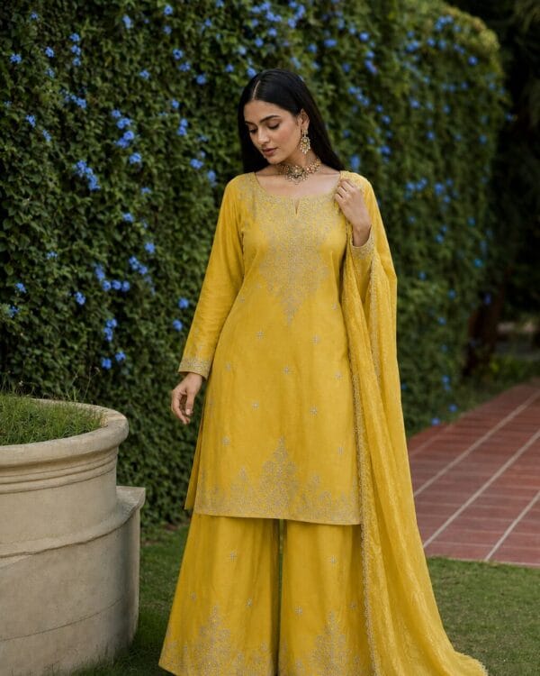 Yellow Silk Blend Embroidered Kurta and Palazzo with Dupatta