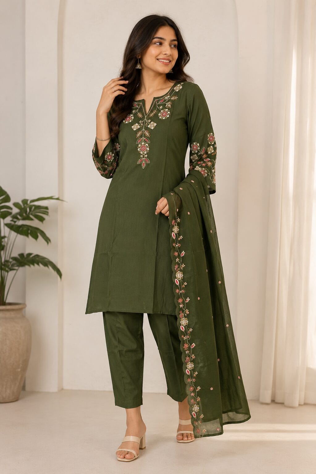 Mehendi Green Silk Blend Embroidered Kurta and Pant with Dupatta - Image 3