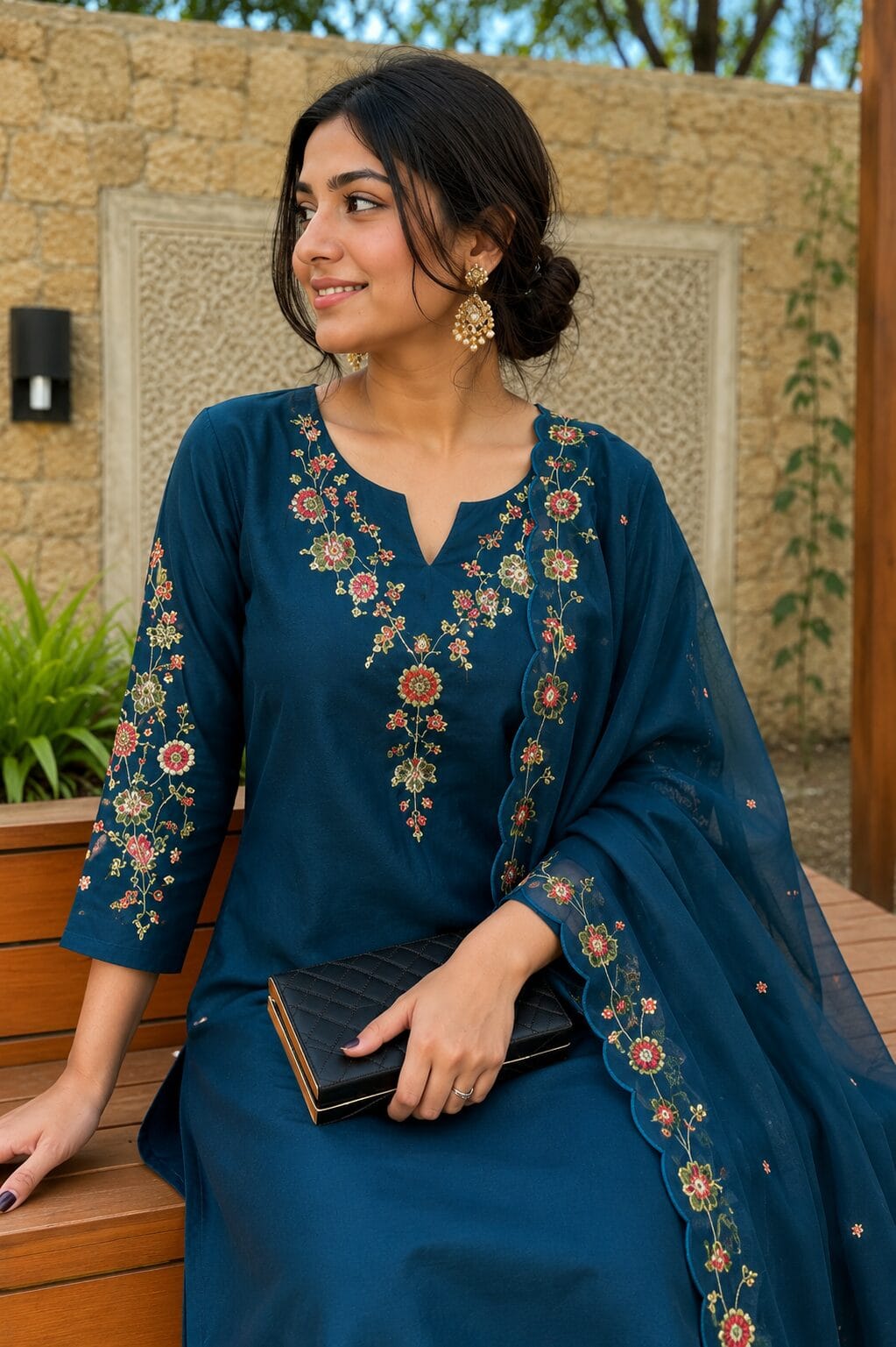 Teal Blue Silk Blend Embroidered Kurta and Pant with Dupatta - Image 2