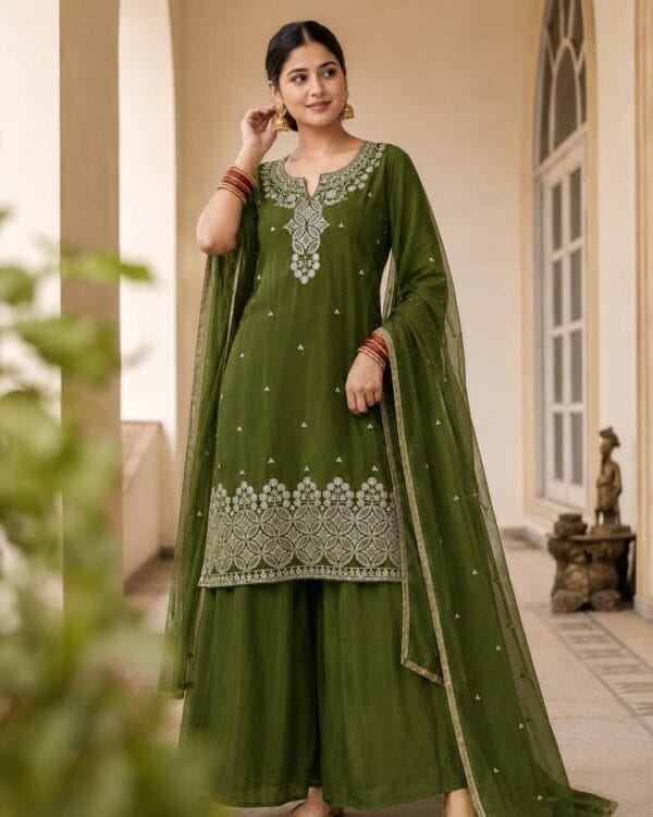 Mehendi Green Rangoli Crush Embroidered Farshi Kurta and Wide Palazzo with Dupatta
