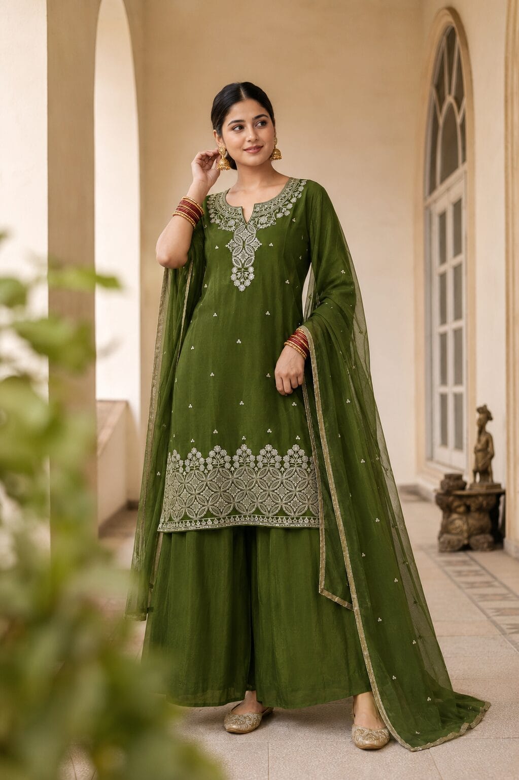 Mehendi Green Rangoli Crush Embroidered Farshi Kurta and Wide Palazzo with Dupatta