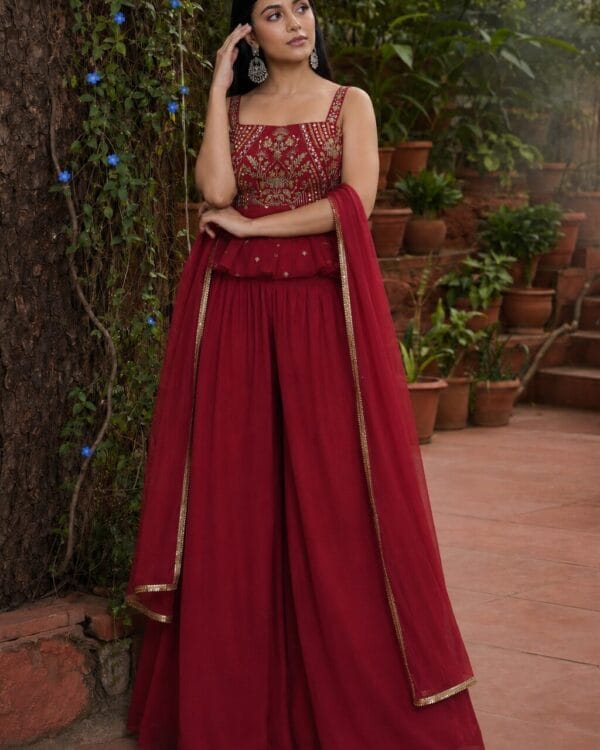 Pink Silk Blend Embroidered Peplum Short Kurta and Wide Palazzo Pants with Dupatta and Belt