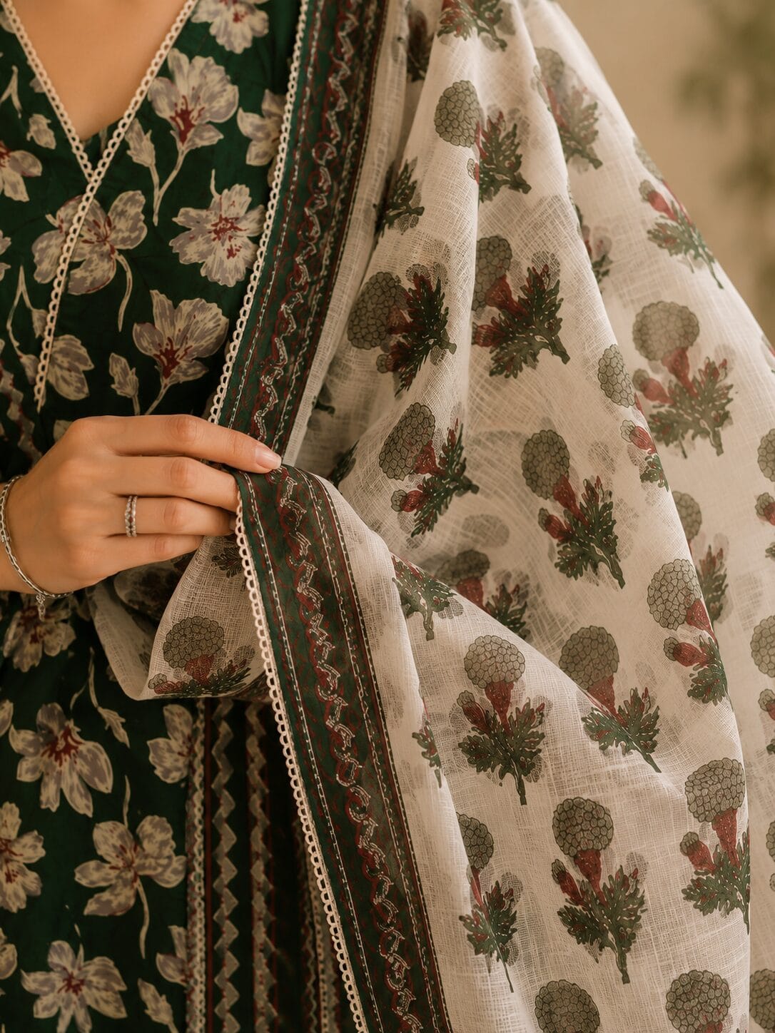 Green Floral Printed Cotton Blend Kurta and Pant with Dupatta - Image 4