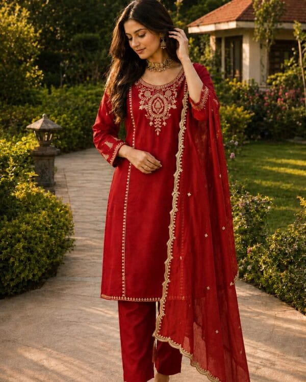 Rust Red Silk Blend Embroidered Kurta and Pant with Dupatta