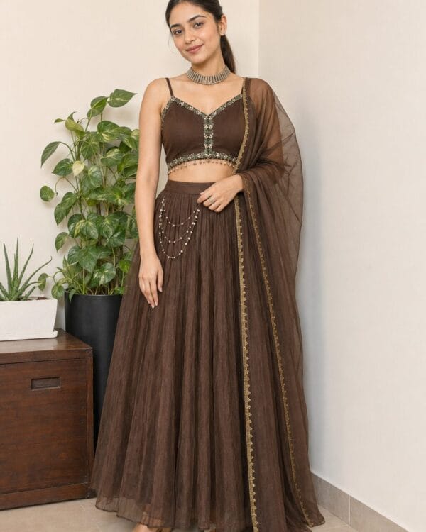 Dark Grey Shimmer Organza Blouse and Pleated Lehenga with Dupatta
