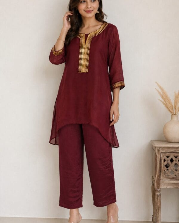 Maroon Silk Blend Embroidered Kurta Pant Set