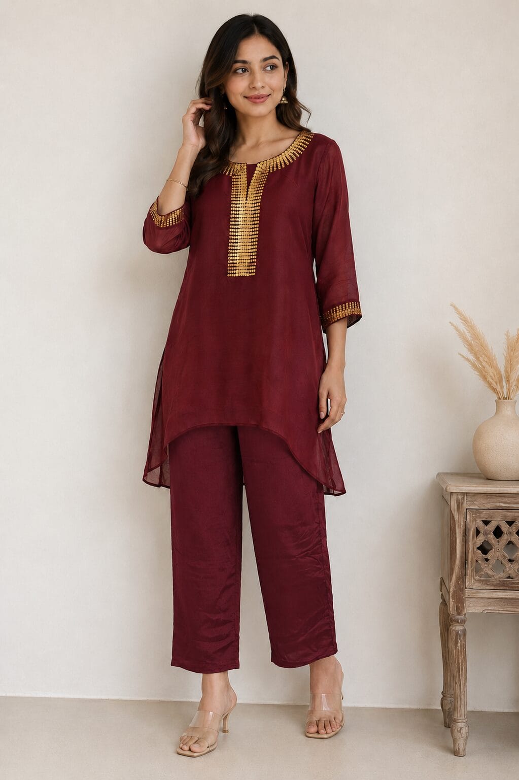 Maroon Silk Blend Embroidered Kurta Pant Set