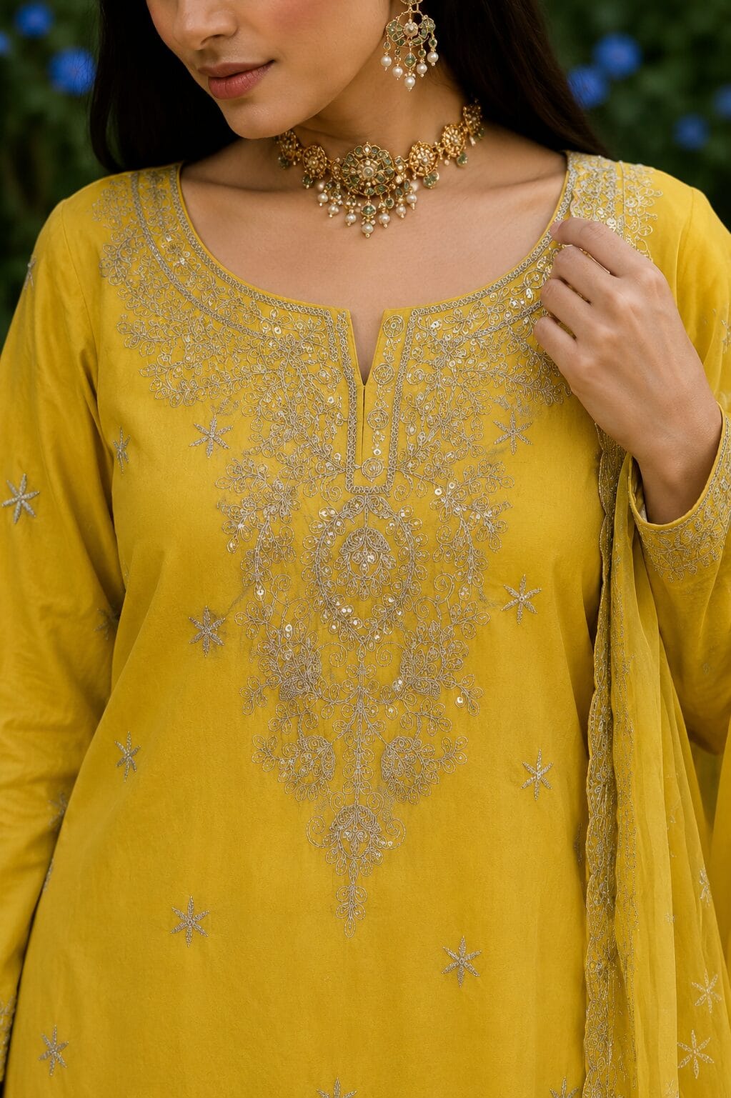 Yellow Silk Blend Embroidered Kurta and Palazzo with Dupatta - Image 2