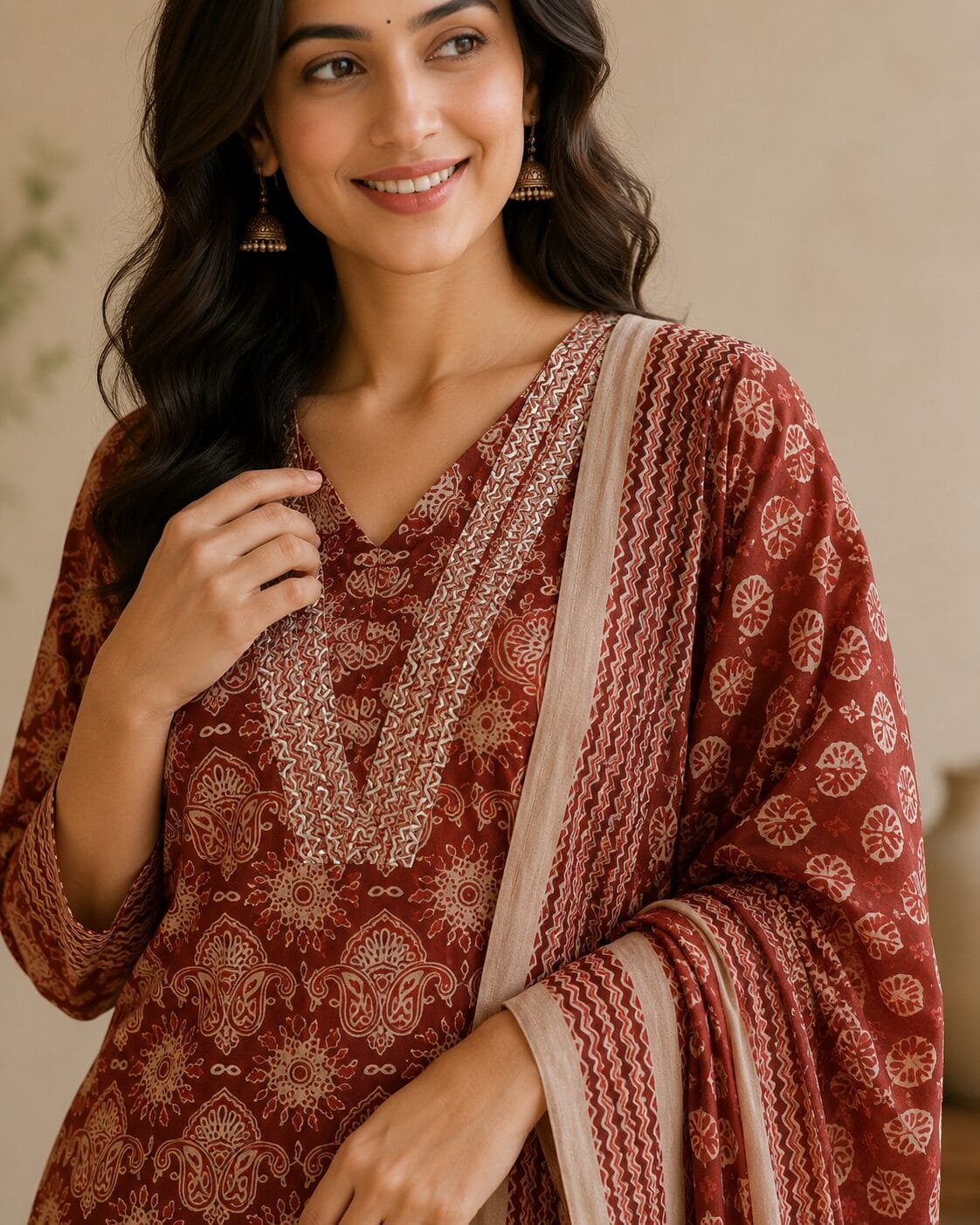 Rust Red Printed Cotton Blend Kurta and Pant with Dupatta - Image 2