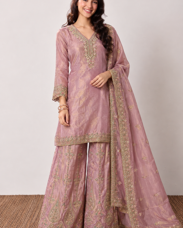 Blush Pink Embroidered Shimmer Silk Kurta Palazzo and Dupatta Set