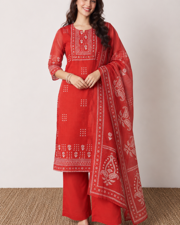 Rust Red Printed Cotton Blend Kurta Pant and Dupatta