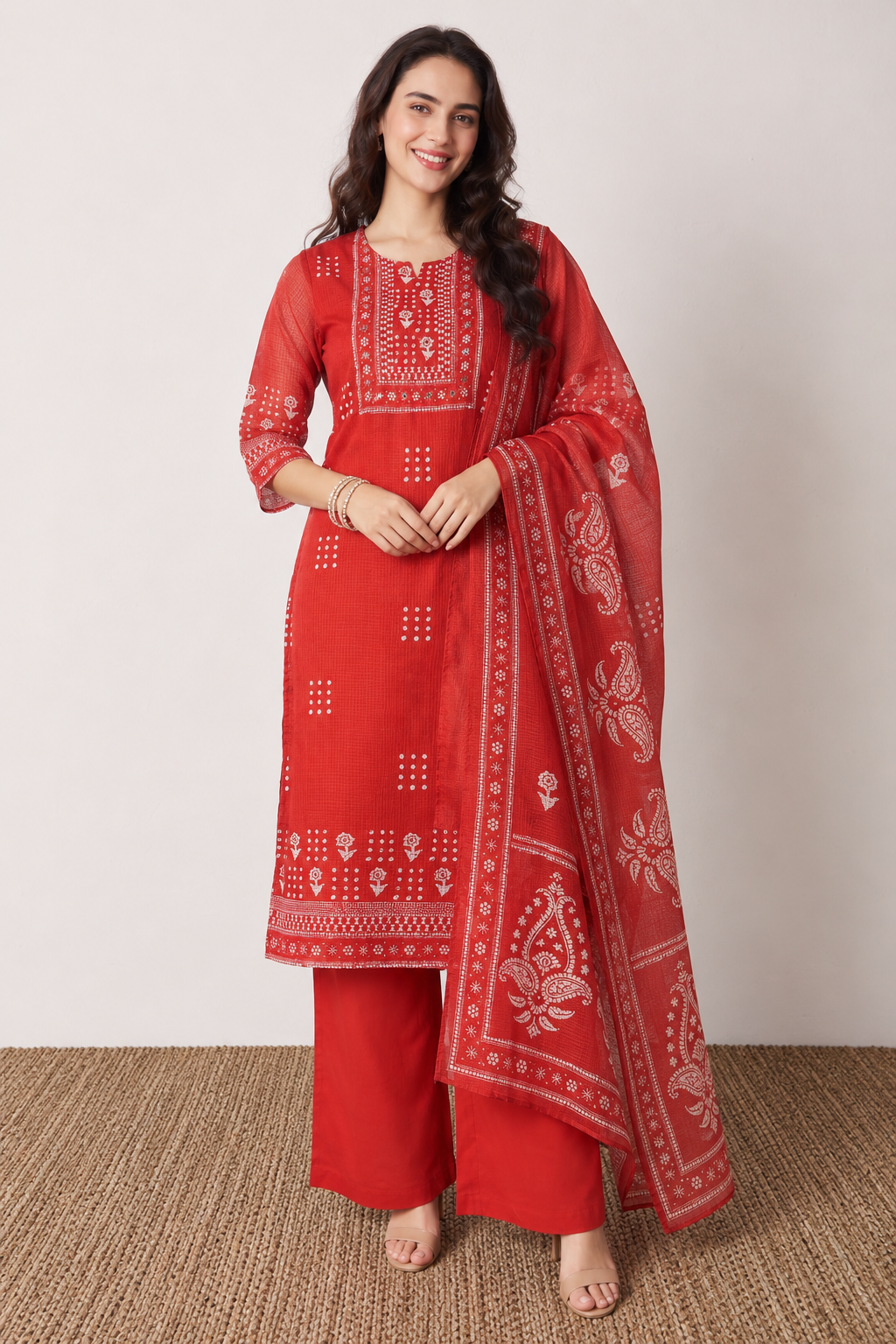 Rust Red Printed Cotton Blend Kurta Pant and Dupatta