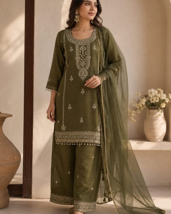 Mehendi Green Embroidered Chinon Kurta Pant and Dupatta
