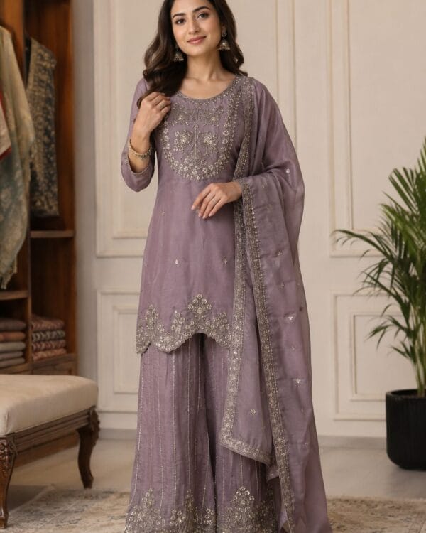Lavender Embroidered Chinon Kurta Gharara and Dupatta Set