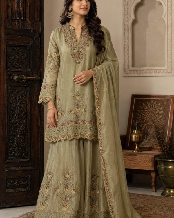 Beige Embbroidered Chinon Kurta Gharara and Dupatta Set