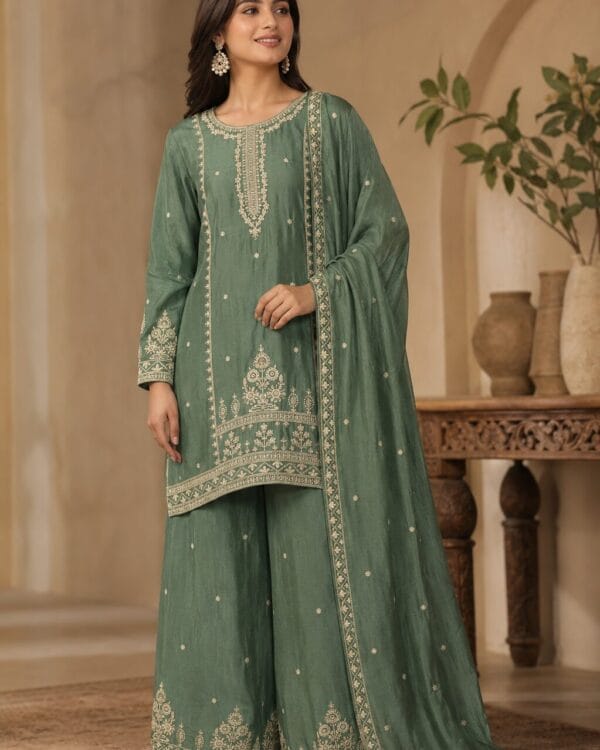 Sea Green Embroidered Chinon Kurta Sharara and Dupatta Set