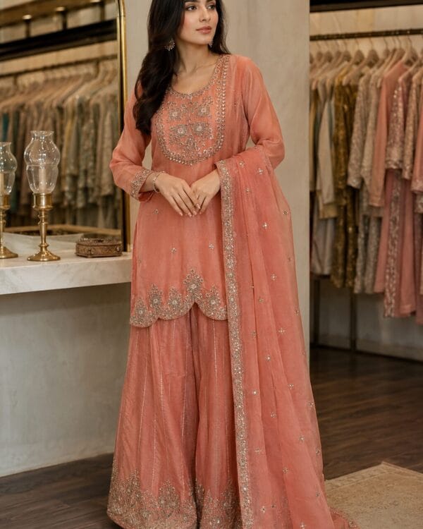 Pink Embroidered Chinon Kurta Gharara and Dupatta Set