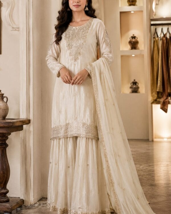 Ivory Embroidered Chinon Kurta Gharara and Dupatta Set