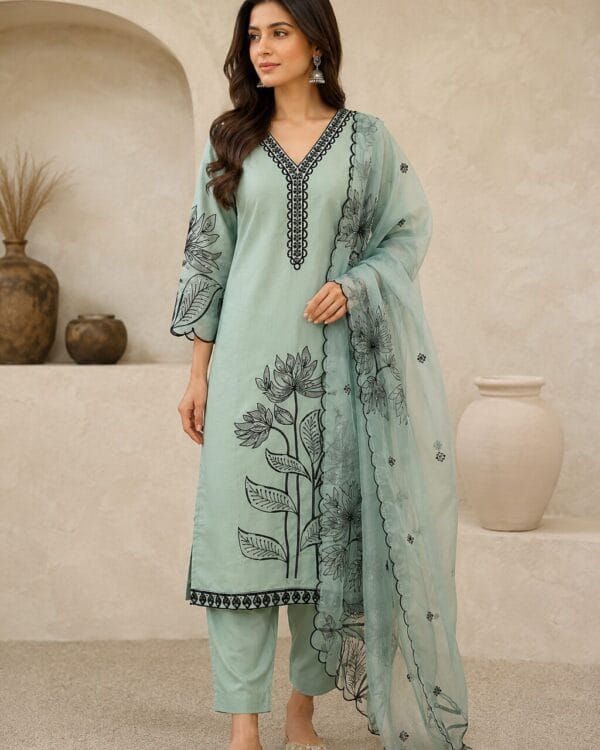 Powder Blue Embroidered Roman Silk Kurta Pant and Dupatta