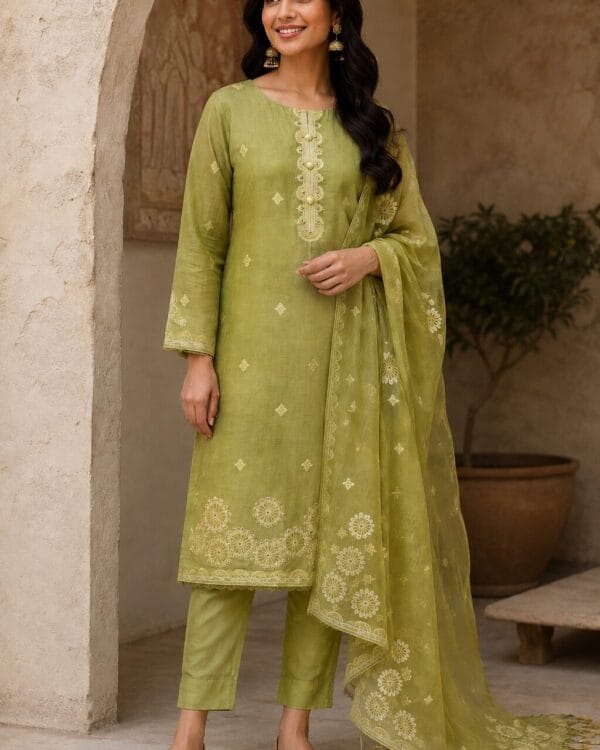 Green Jamdani Cotton Kurta Pant and Dupatta