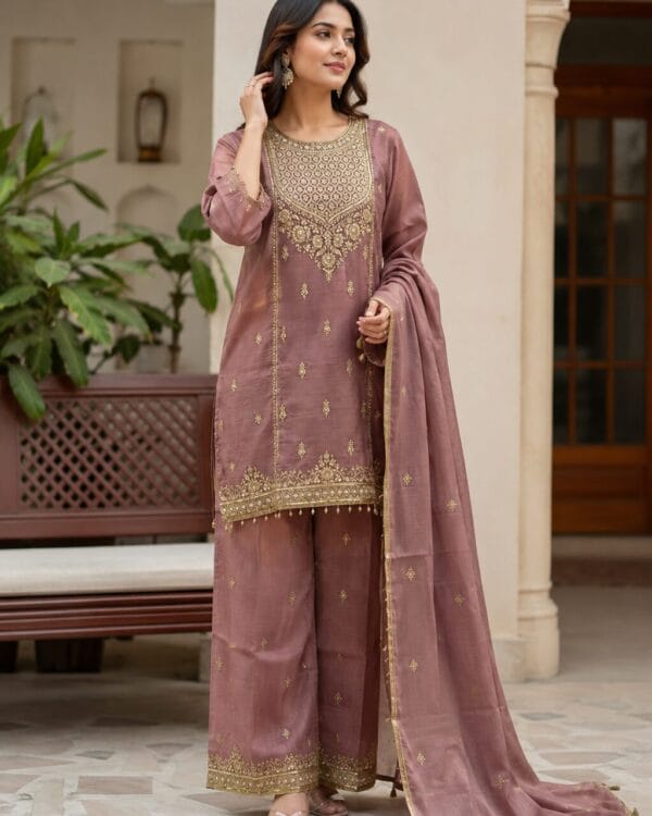Onion Pink Embroidered Chinon Kurta Pant and Dupatta