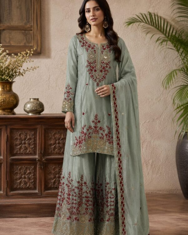 Pista Green Embroidered Shimmer Silk Organza Kurta Sharara and Dupatta Set