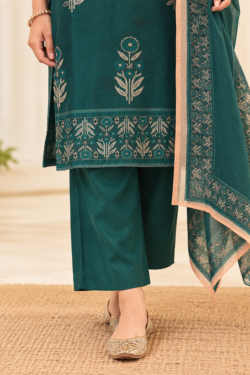 Dark Green Printed Kota Doria Cotton Kurta Pant and Dupatta - Image 4
