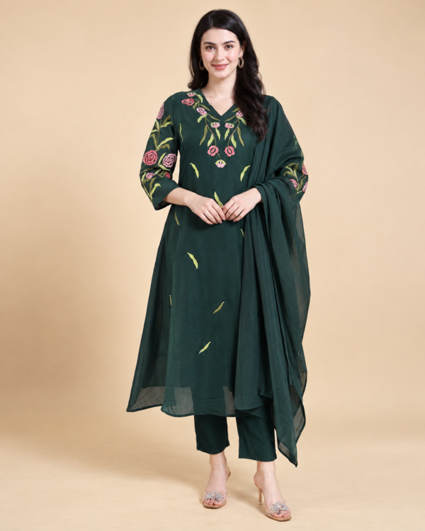Dark Green Embroidered Rayon Kurta Pant and Dupatta