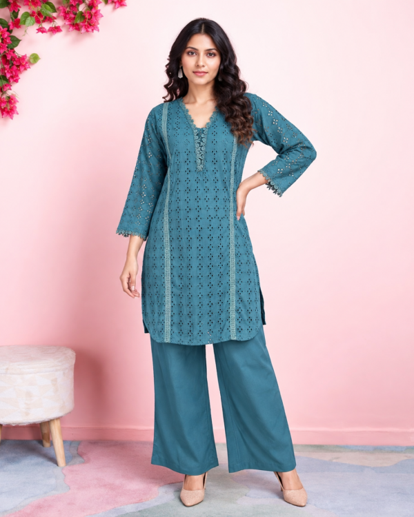 Powder Blue Schiffli Cotton Blend Kurta Pant Set