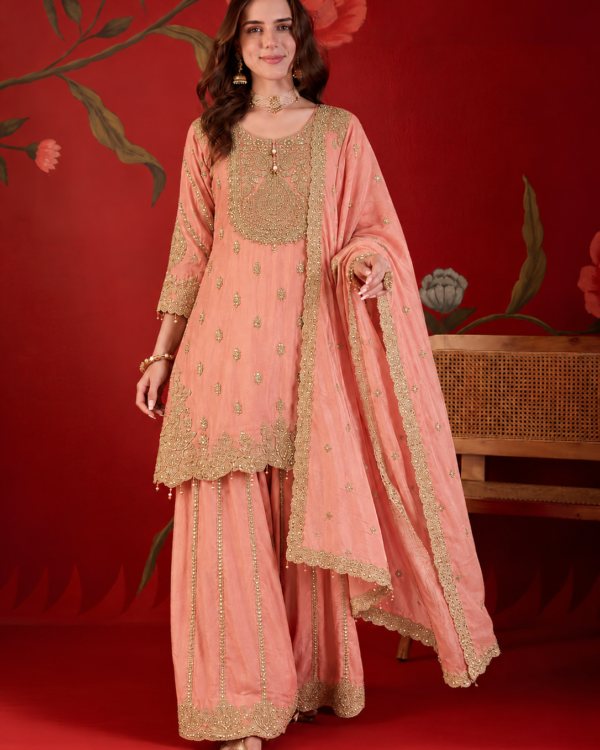 Pastel Pink Embroidered Chinon Kurta Sharara and Dupatta Set