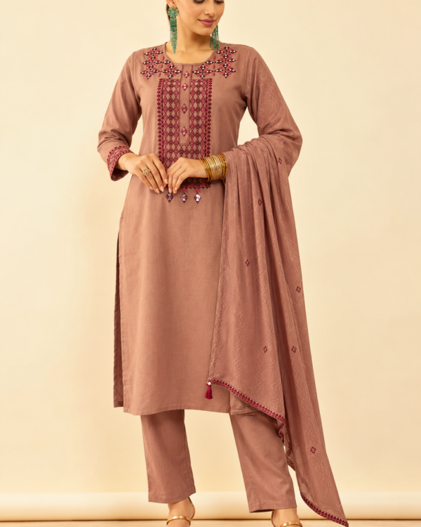 Mauve Brown Geometric Statement Panel Rayon Kurta Pant and Dupatta