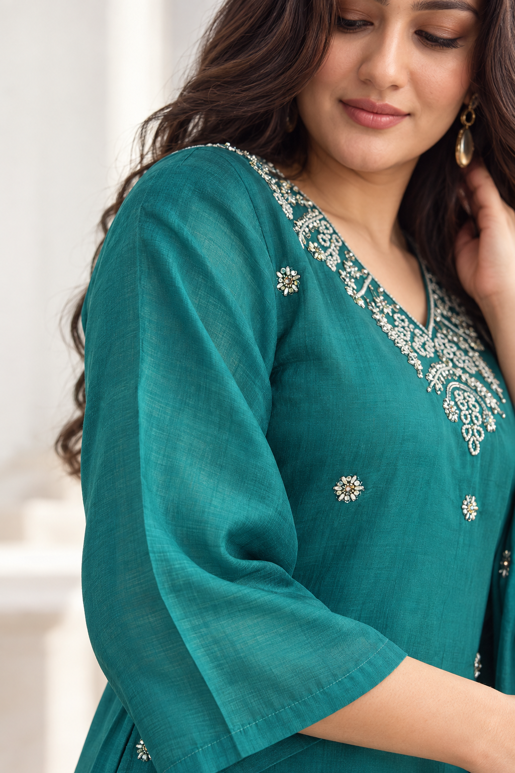 Deep Teal Embroidered Rayon Kurta Pant and Dupatta - Image 5