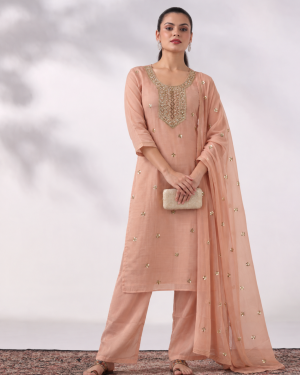 Blush Pink Embroidered Shantoon Kurta Pant and Dupatta