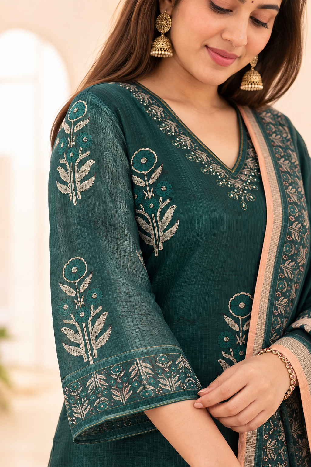 Dark Green Printed Kota Doria Cotton Kurta Pant and Dupatta - Image 2