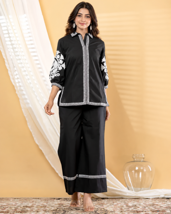 Black With White Thread Embroidered Short Kurta Pant Set