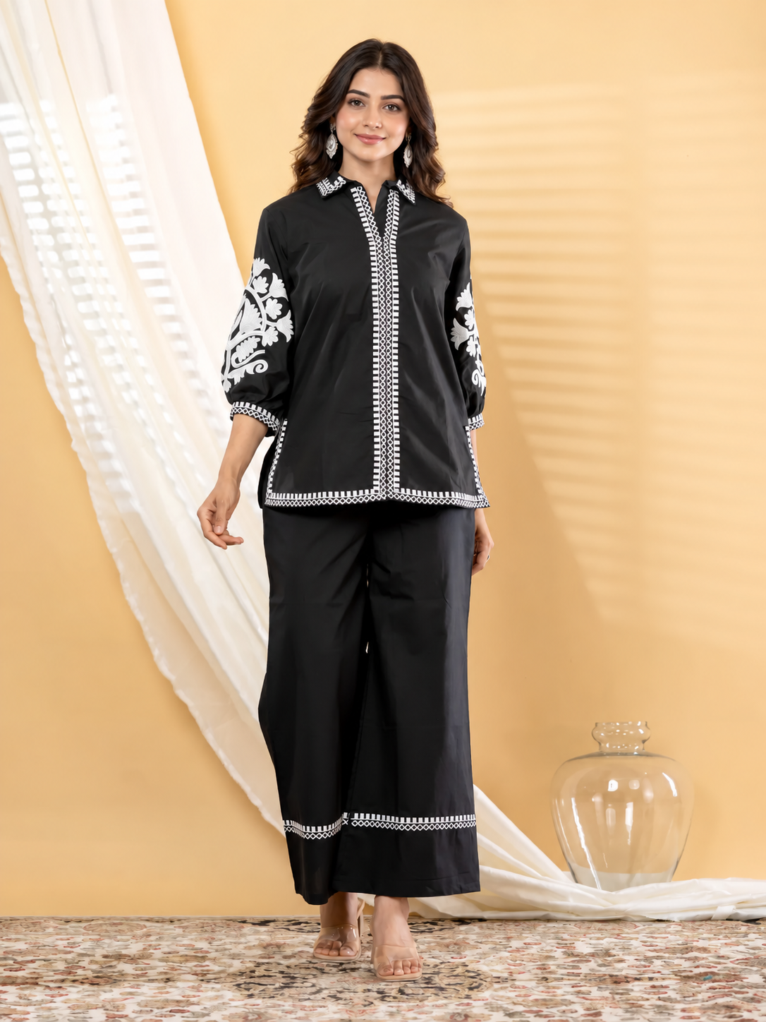 Black With White Thread Embroidered Short Kurta Pant Set