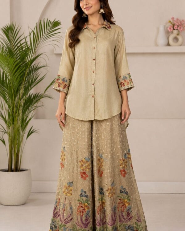 Champagne Beige Embroidered Chinon Kurta Pant Set