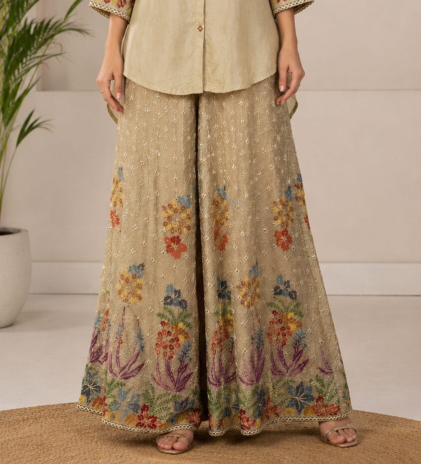 Champagne Beige Embroidered Chinon Kurta Pant Set - Image 2