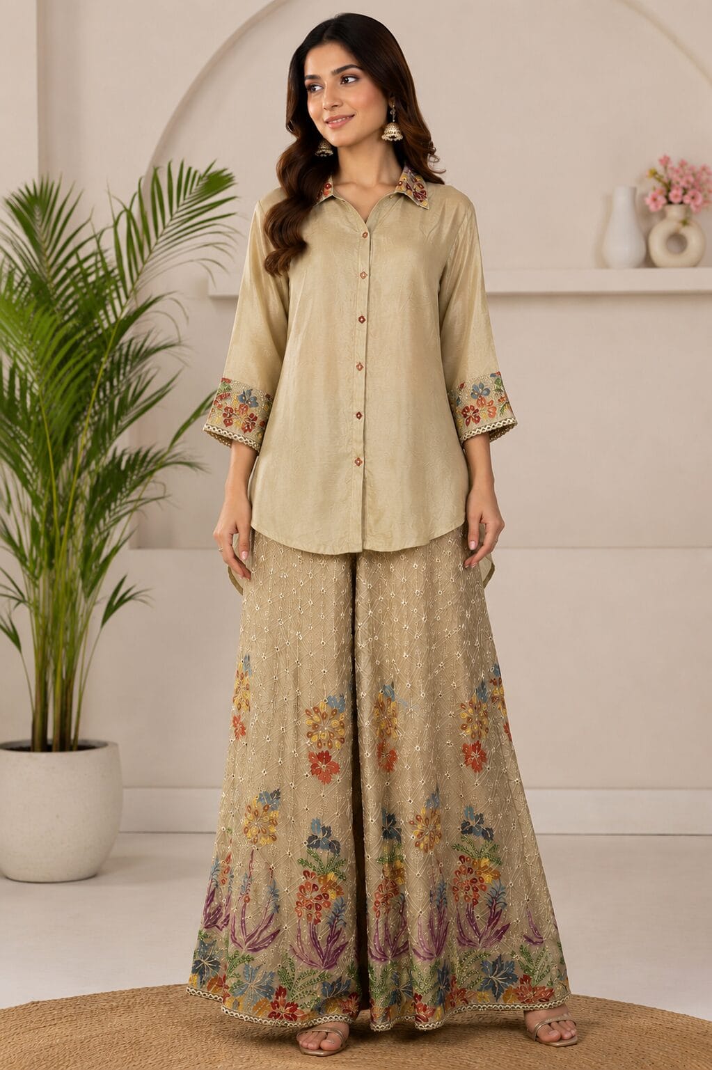 Champagne Beige Embroidered Chinon Kurta Pant Set