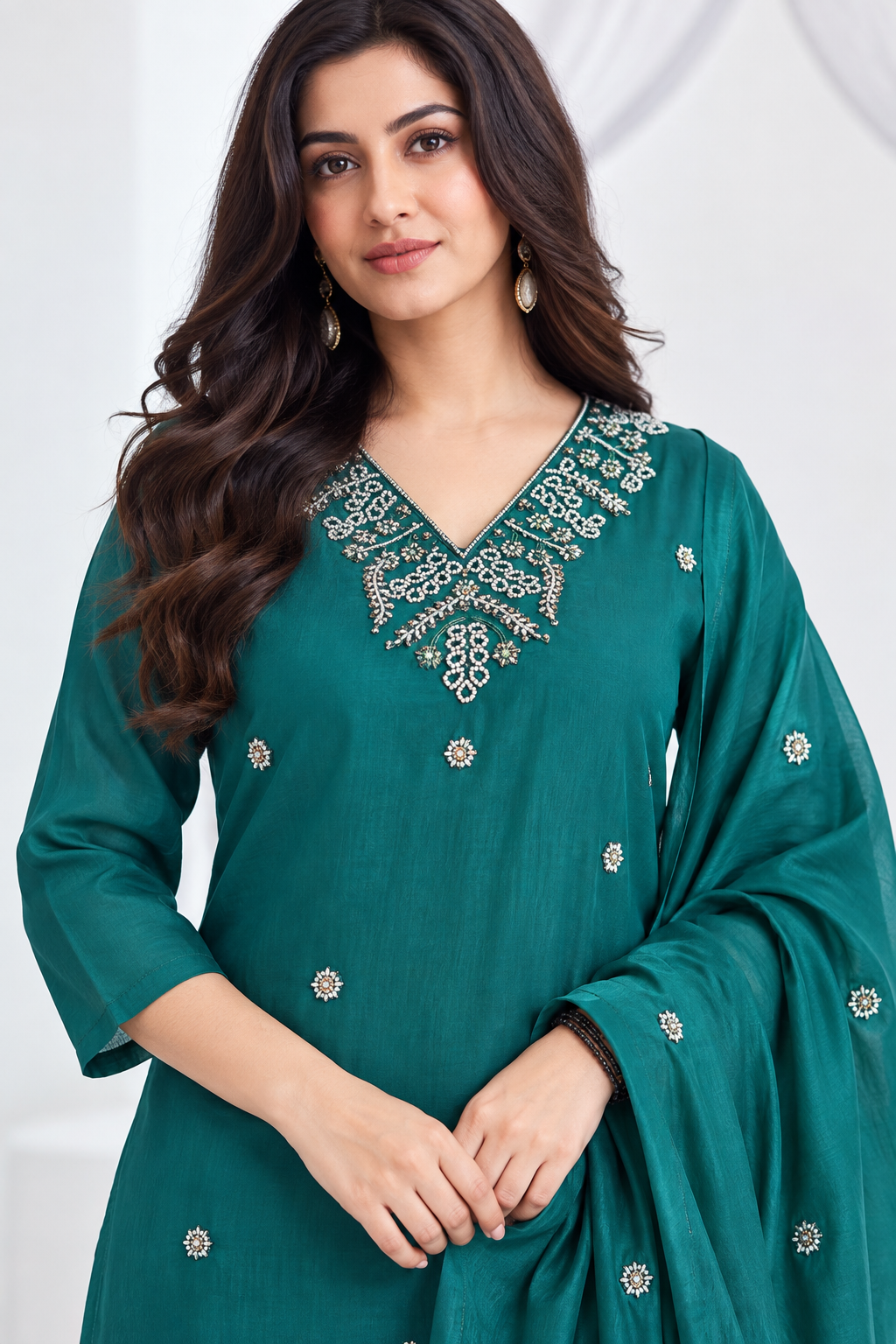 Deep Teal Embroidered Rayon Kurta Pant and Dupatta - Image 2