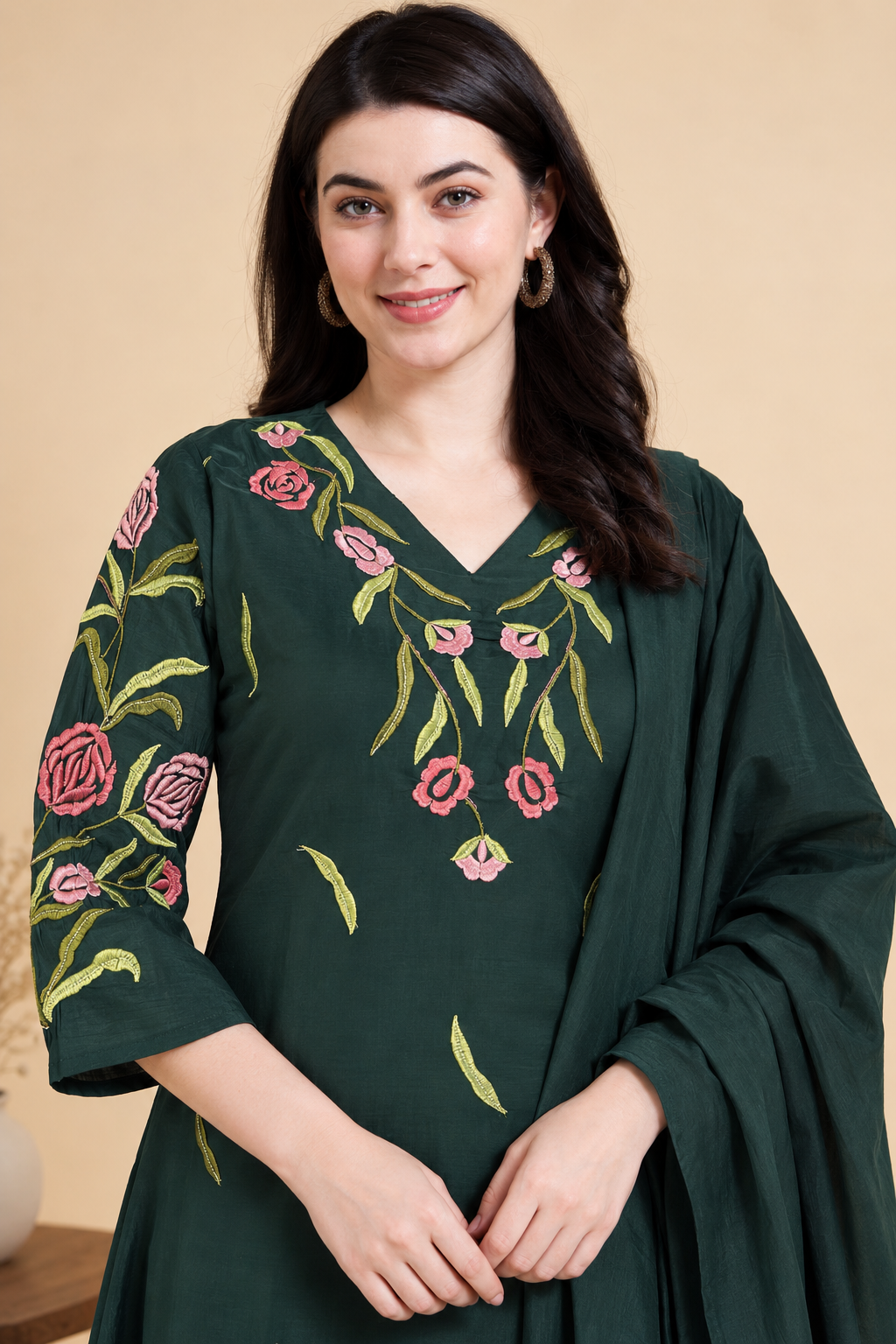 Dark Green Embroidered Rayon Kurta Pant and Dupatta - Image 2