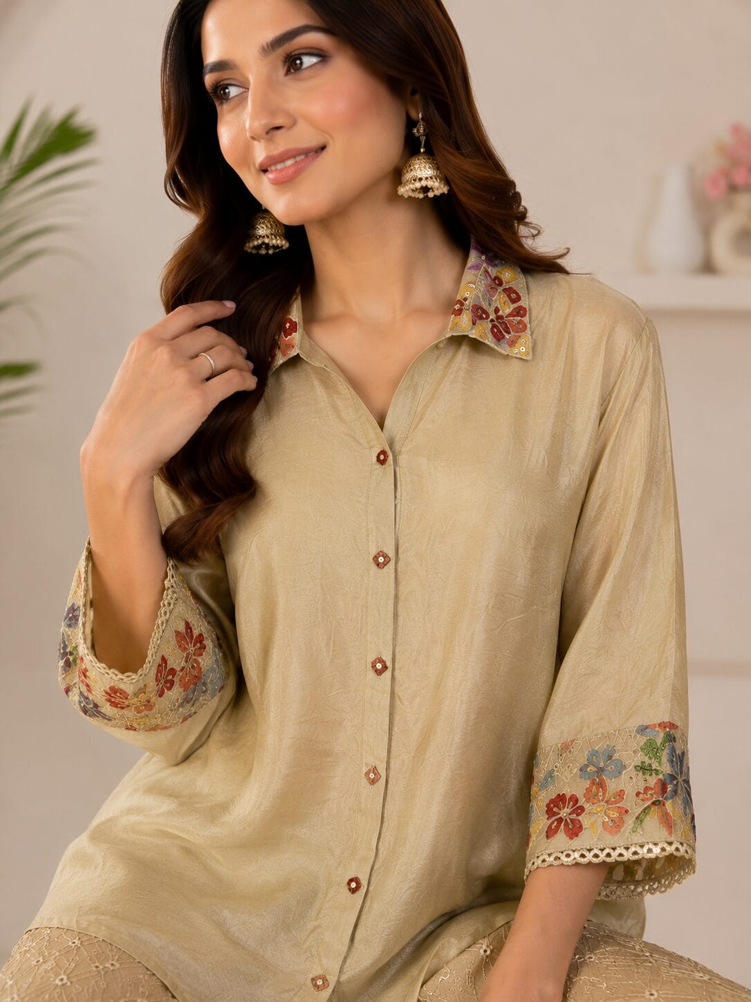 Champagne Beige Embroidered Chinon Kurta Pant Set - Image 3
