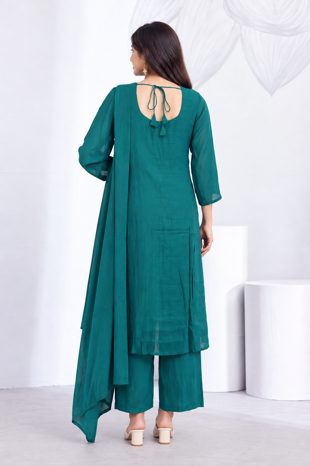 Deep Teal Embroidered Rayon Kurta Pant and Dupatta - Image 3