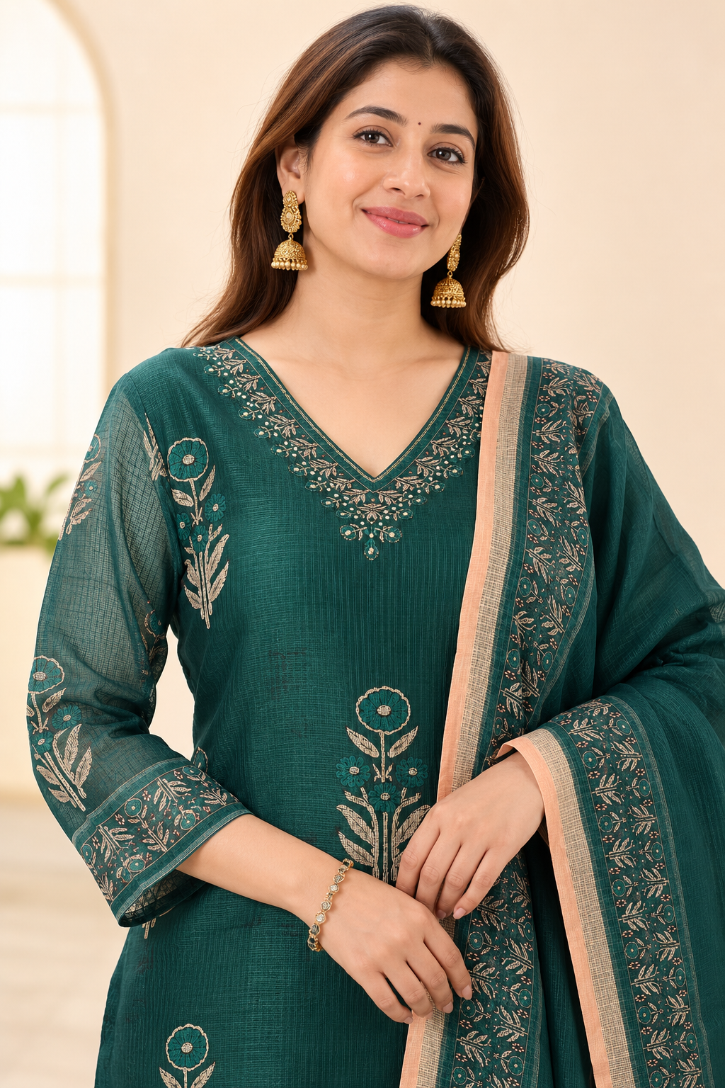 Dark Green Printed Kota Doria Cotton Kurta Pant and Dupatta - Image 3