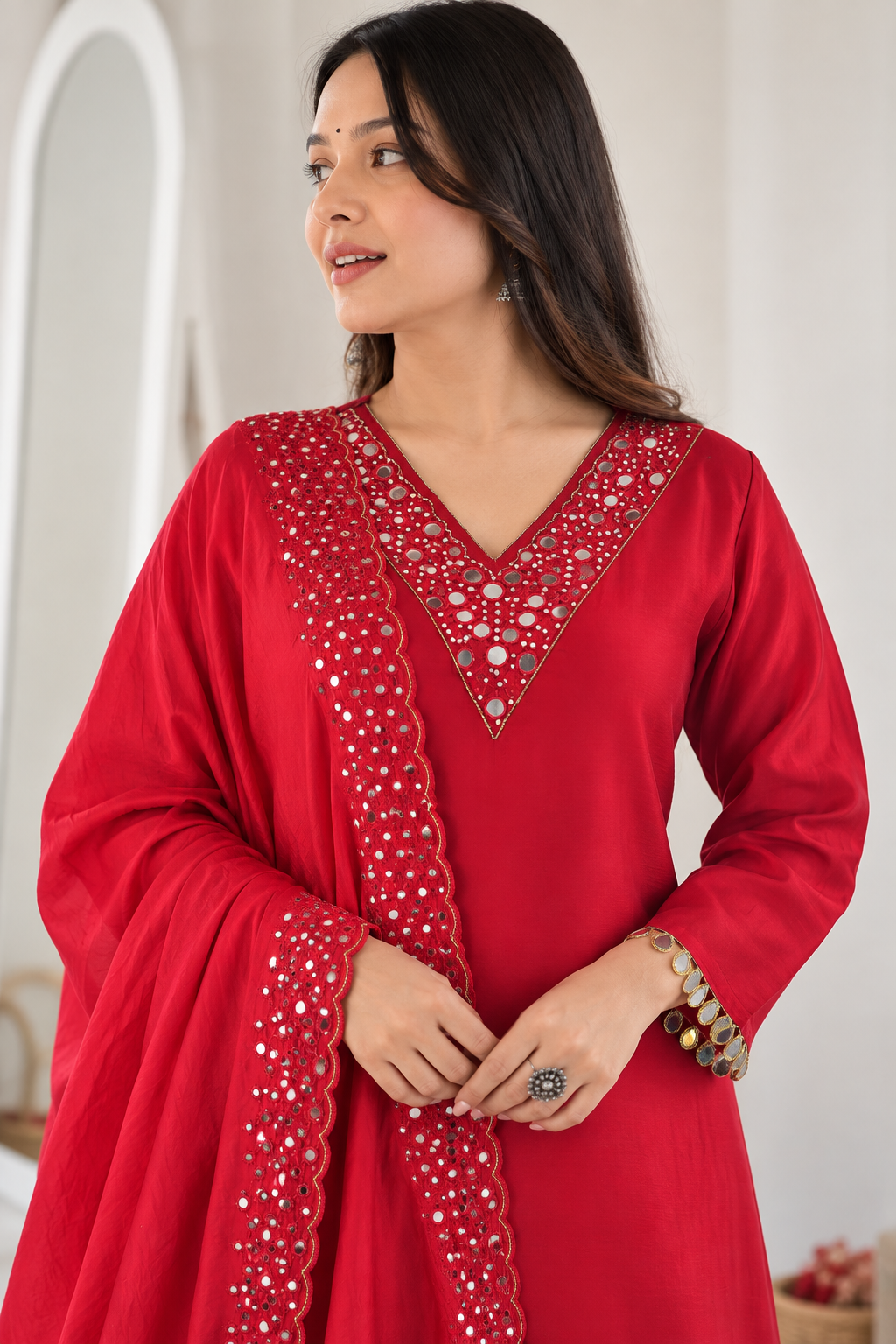 Red Embroidered Roman Glass Kurta Pant and Dupatta - Image 2