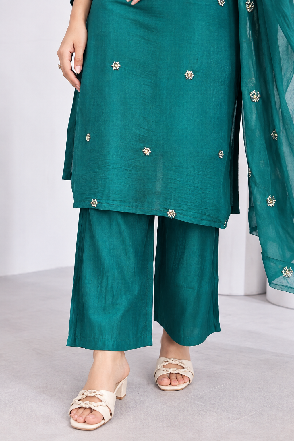 Deep Teal Embroidered Rayon Kurta Pant and Dupatta - Image 4