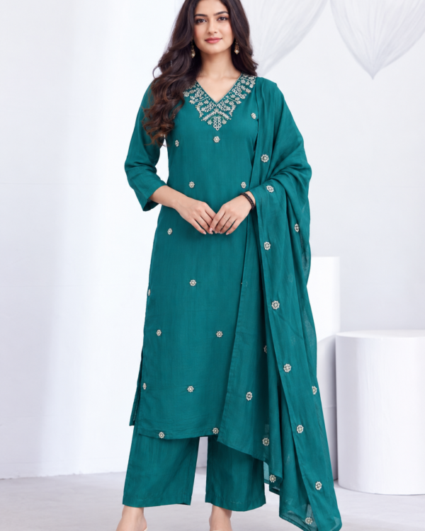 Deep Teal Embroidered Rayon Kurta Pant and Dupatta