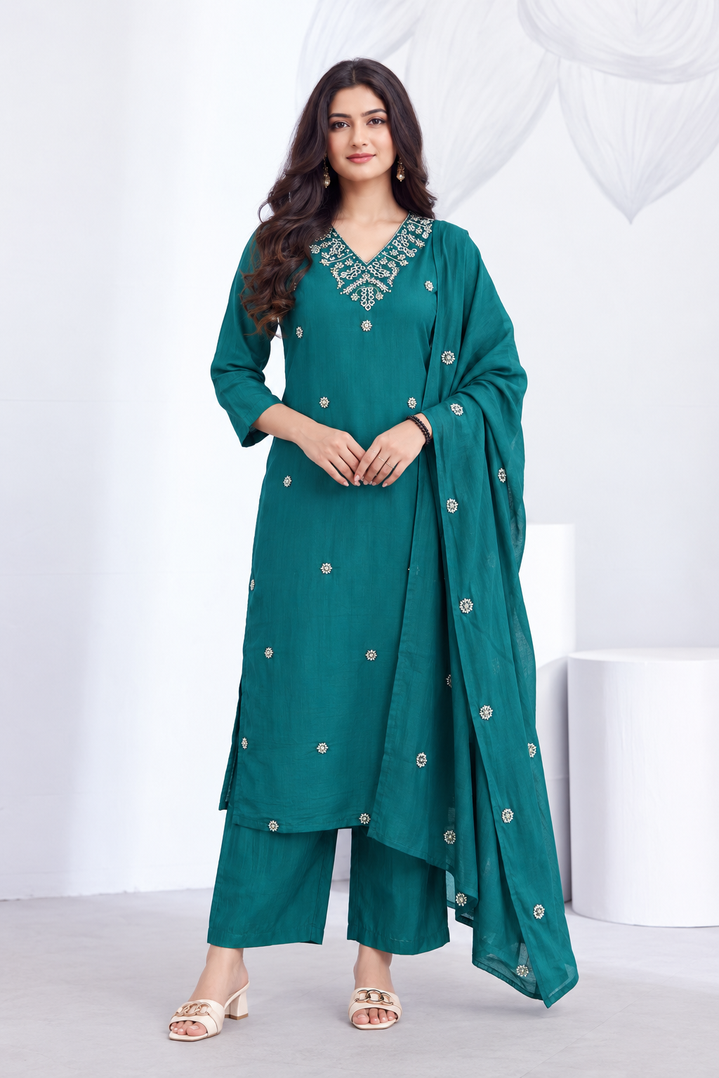 Deep Teal Embroidered Rayon Kurta Pant and Dupatta